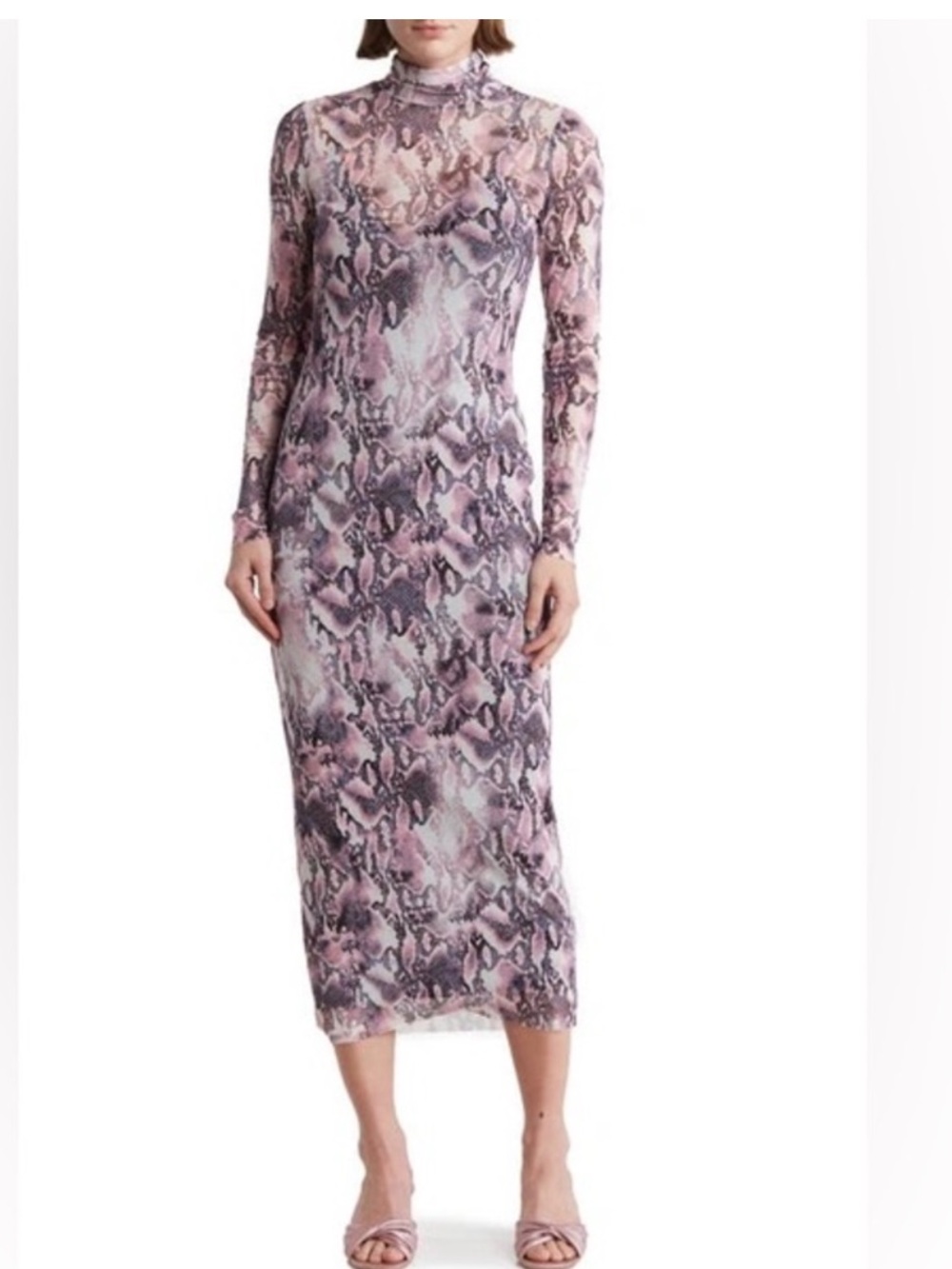 AFRM Pink and Gray Snake-Print Long Sleeve Midi Dress